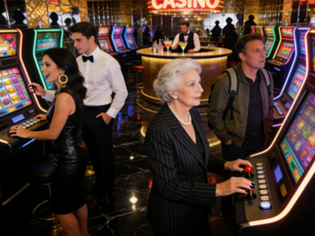 about-04 A group of adults engaged in playing slot machines inside a stylish casino setting.